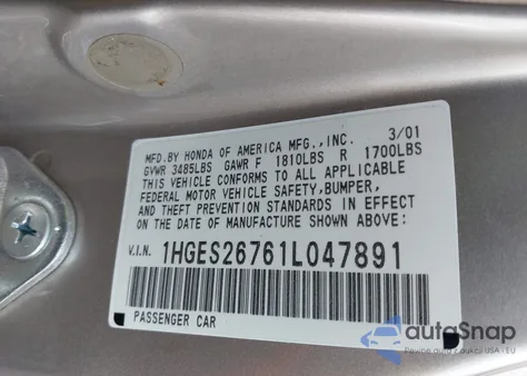 2001 Honda Civic Ex z USA, uszkodzony, nr VIN 1HGES26761L047891